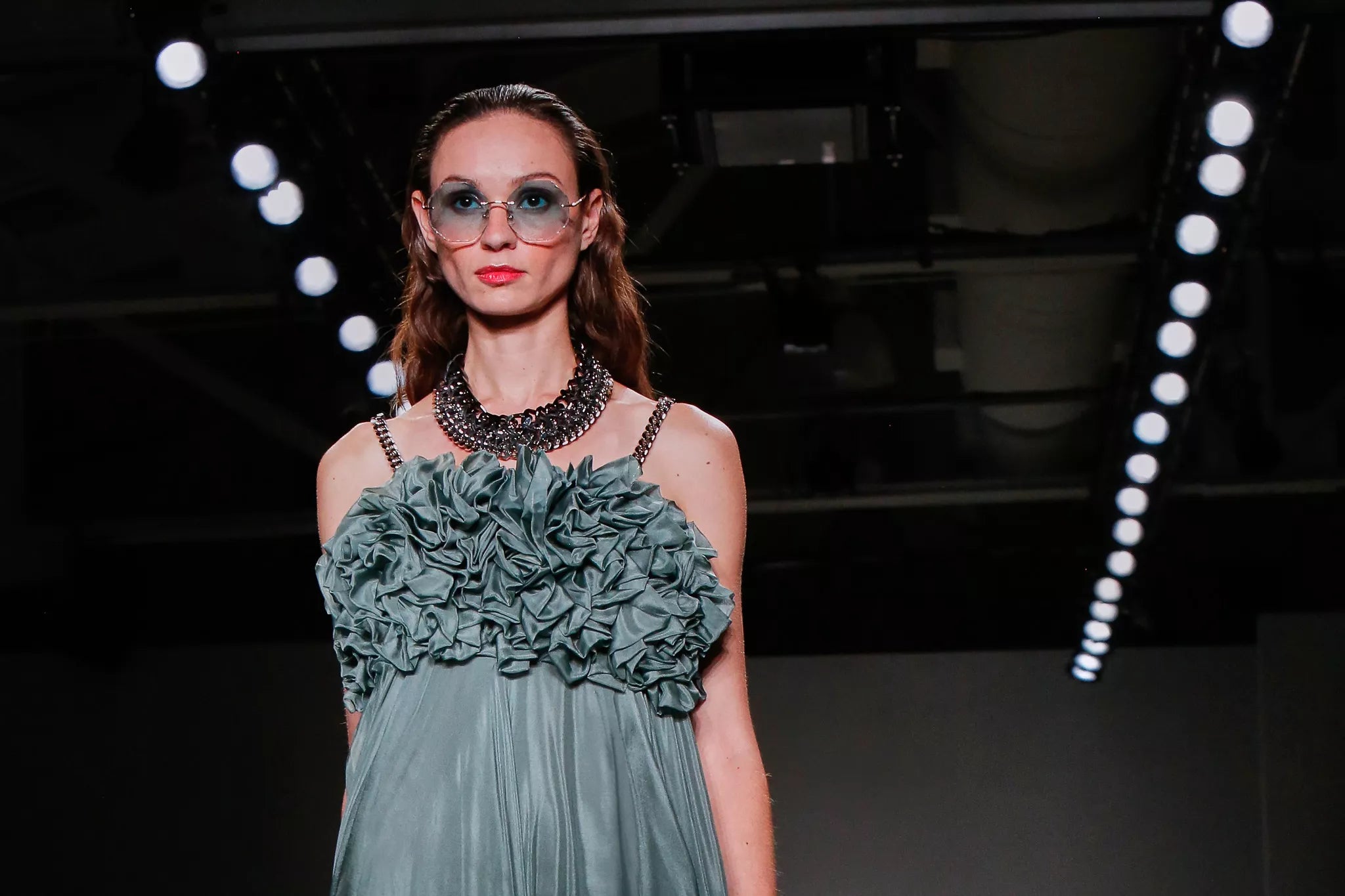 Luxury evening gown by FRAQAIR designed in Italy with fluid movement and refined silhouette